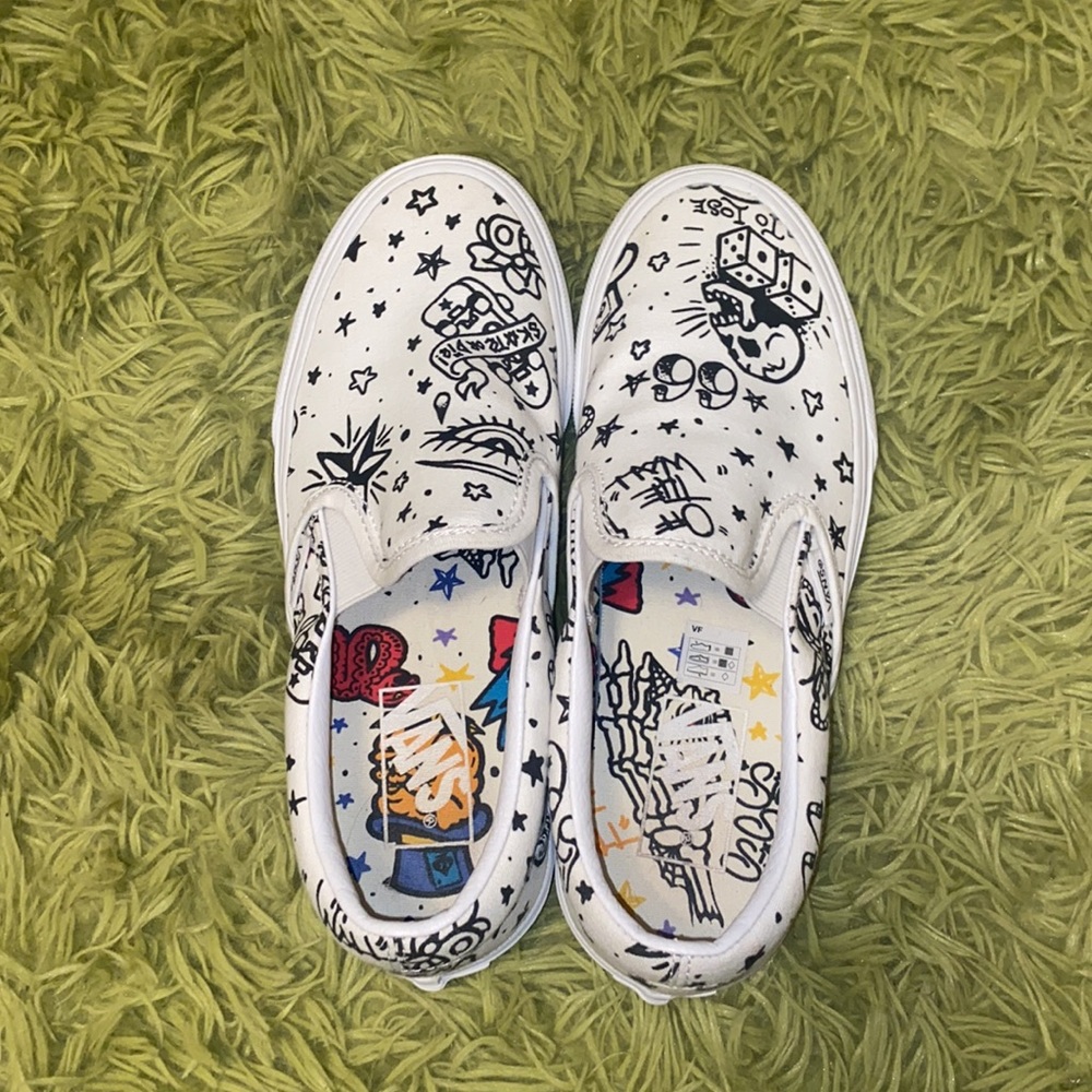 Vans White Slip-On Sneakers with Black Doodle Print - Picture 2 of 9